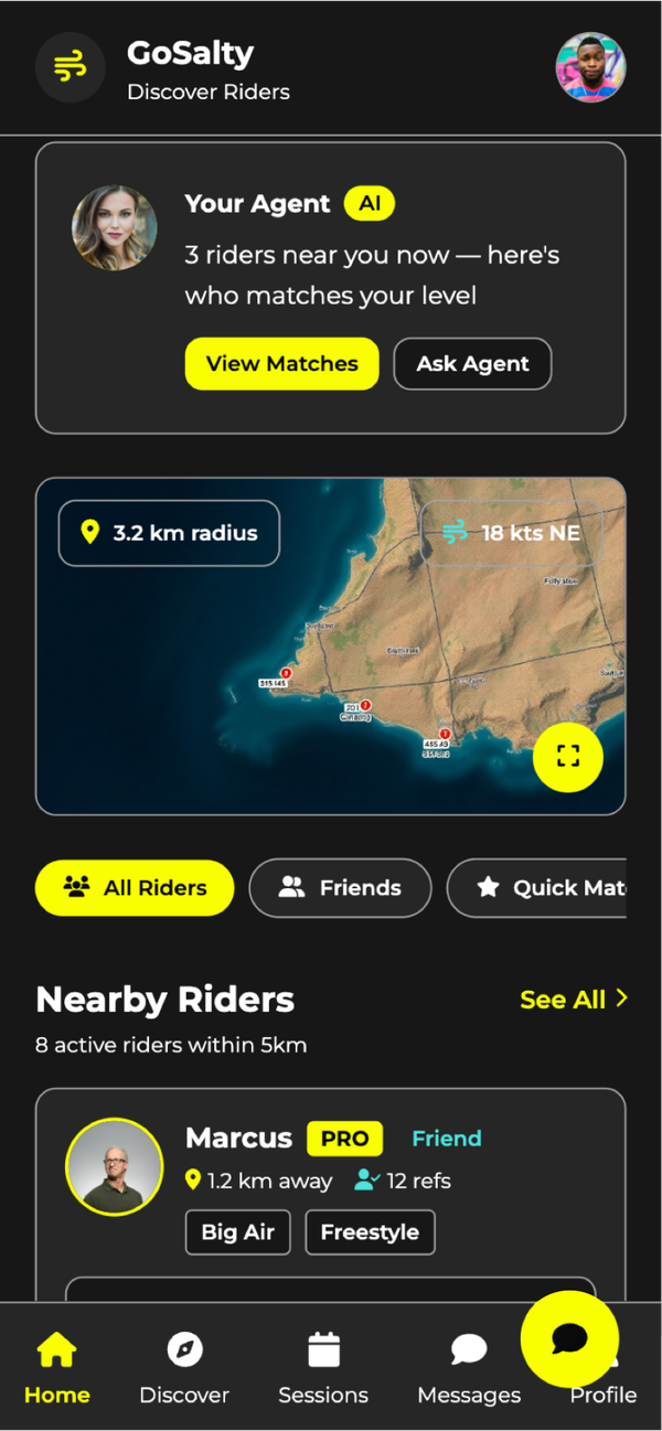 CrewLovers app dashboard showing nearby riders, AI agent matches and map view