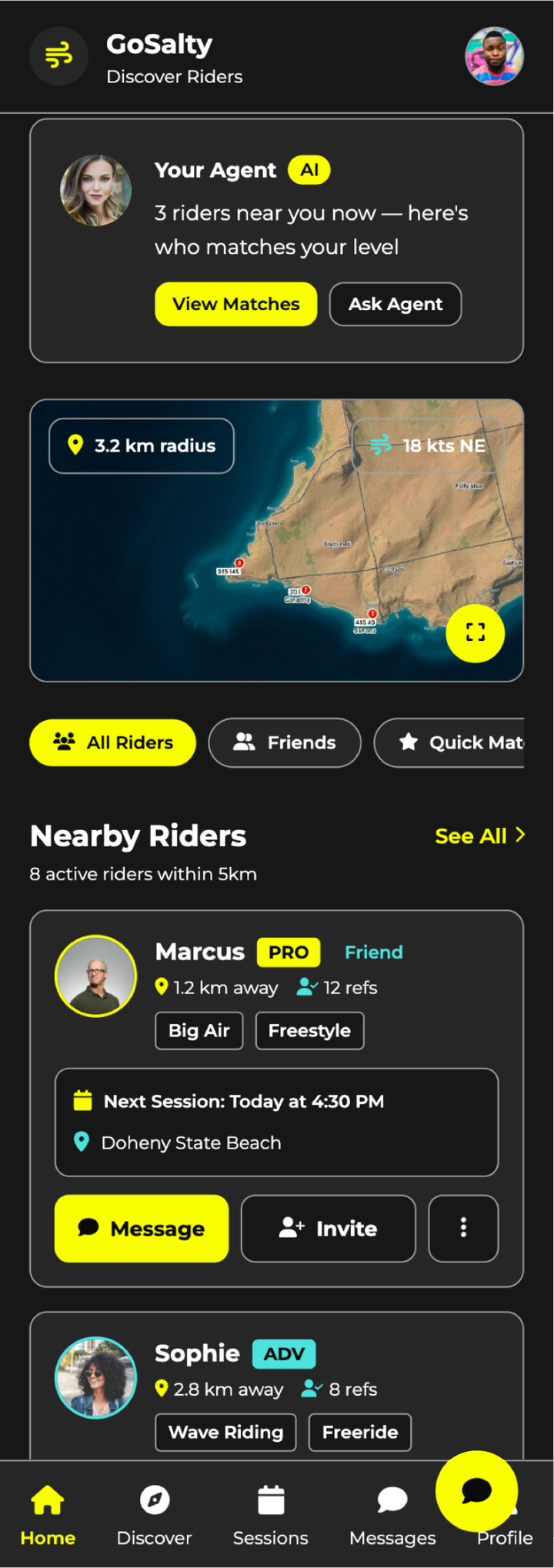CrewLovers dashboard showing nearby riders, agent notifications and map view