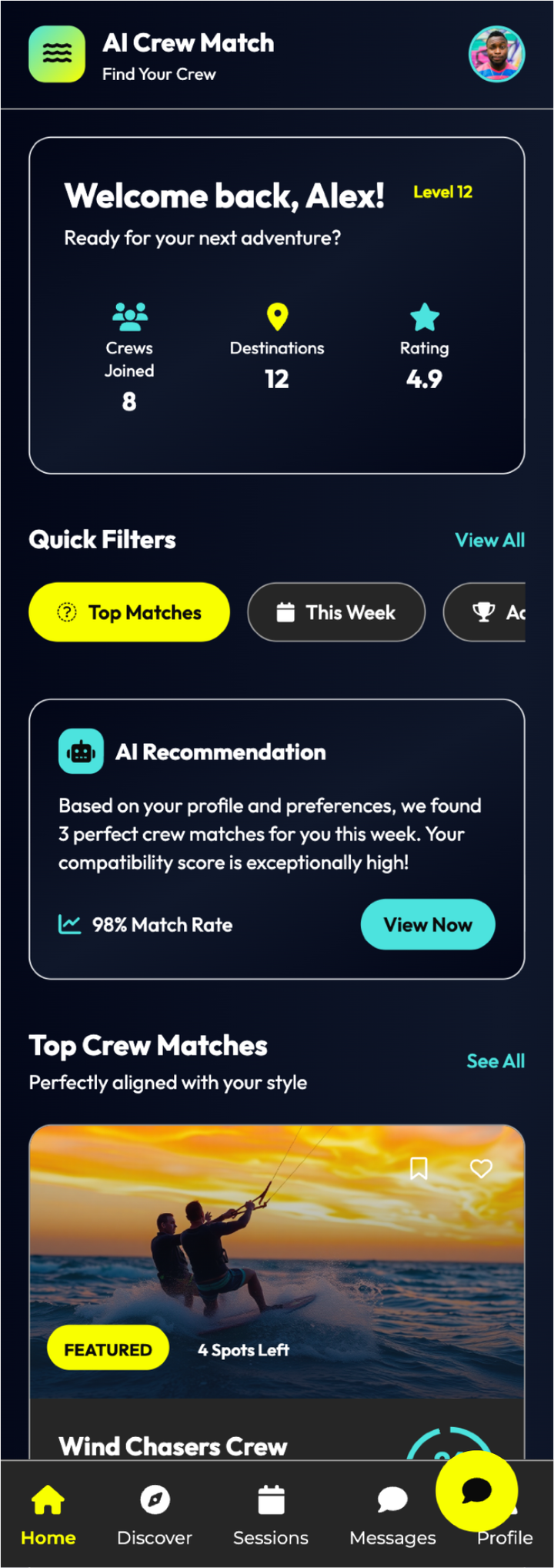 AI Crew Match showing personalized crew recommendations and compatibility scores