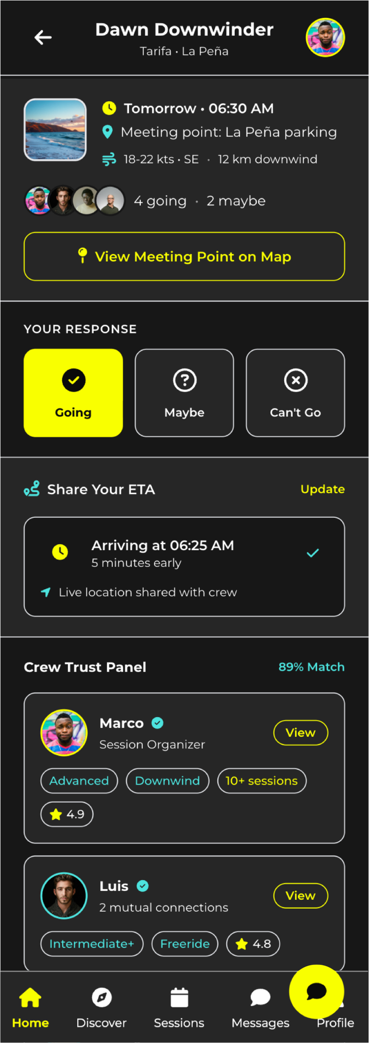 Downwind event details showing session times, crew trust panel and meeting point