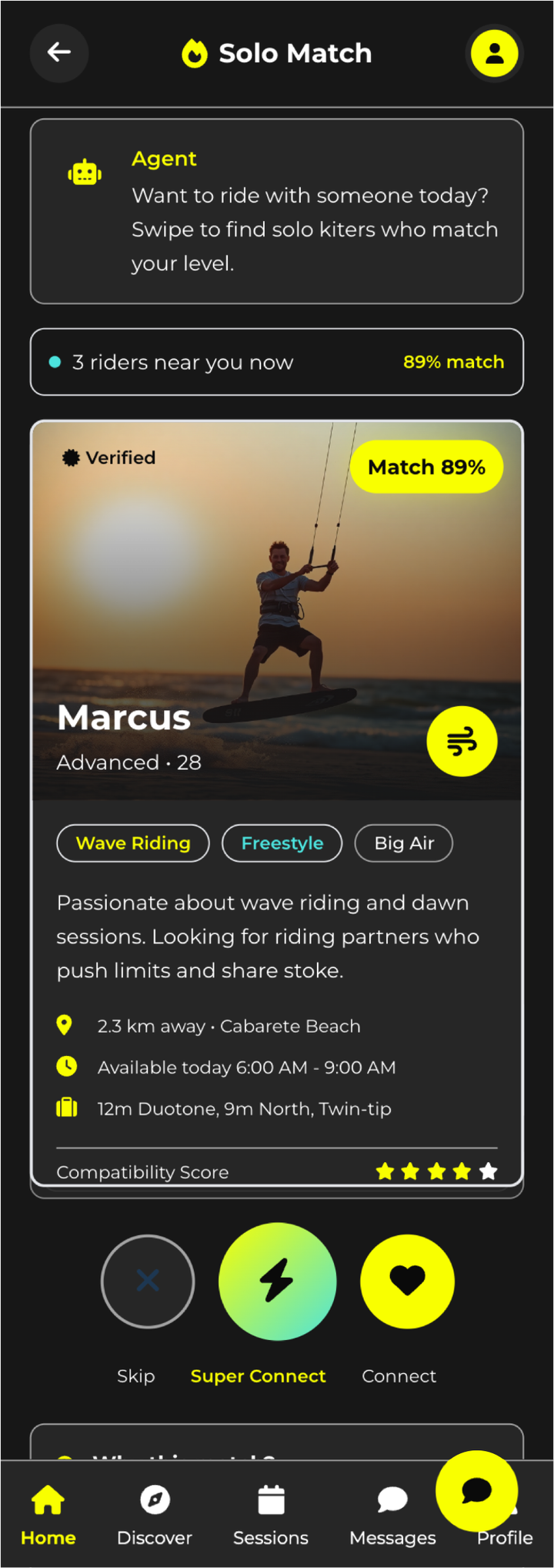 Solo Match swipe interface showing rider profiles with compatibility ratings
